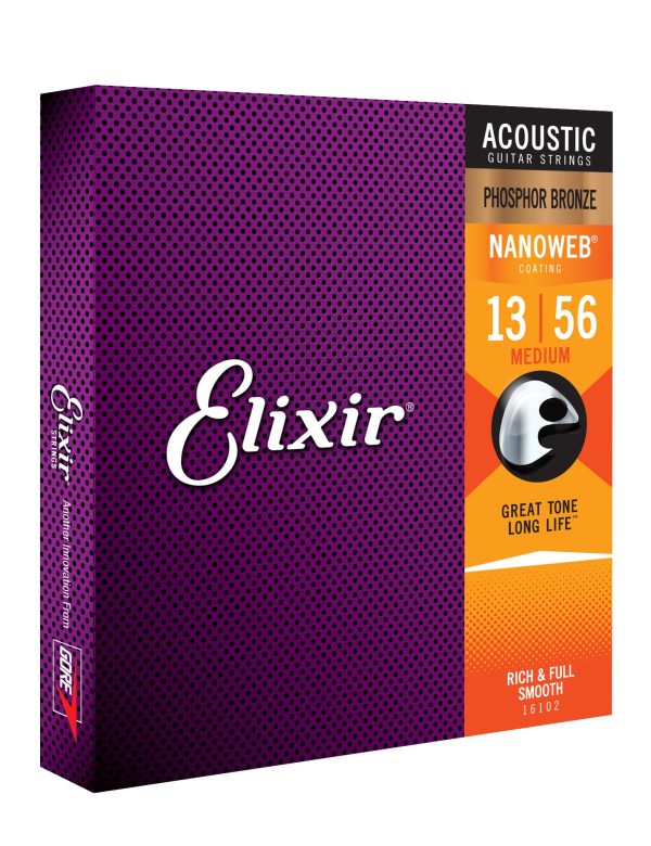 Elixir 16102 Nanoweb Phosphor Bronze Medium Gauge Acoustic Guitar Strings 13-56 Online now