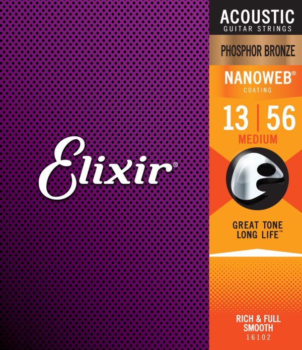 Elixir 16102 Nanoweb Phosphor Bronze Medium Gauge Acoustic Guitar Strings 13-56 Online now